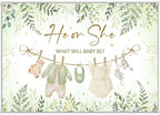 Avezano Greenery Gender Reveal Backdrop Banner Watercolor Boy or Girl Clothes He or She What Will Baby Be Gender Reveal Decorations Green Leaves Gold Dots Neutral Baby Shower Banner (8x6ft) - Image 6