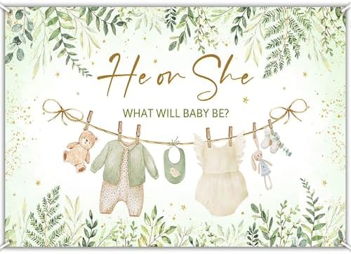 Avezano Greenery Gender Reveal Backdrop Banner Watercolor Boy or Girl Clothes He or She What Will Baby Be Gender Reveal Decorations Green Leaves Gold Dots Neutral Baby Shower Banner (8x6ft) - Image 6