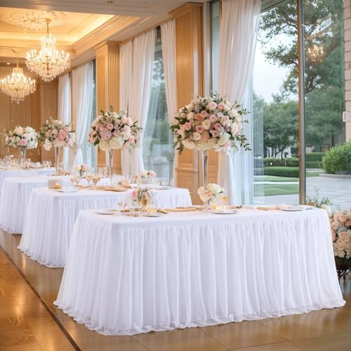 Wish Care 2 Pack White Tulle Table Cloth for 6 Foot Rectangle Tables White Tutu Desk Skirt Stretch Fitted Rectangular Tablecloths Wrinkle Free Ruffle Table Cover for Wedding Birthday Party Banquet - Image 2