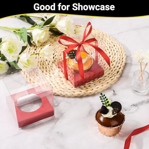EUSOAR Cupcake Boxes, 3.5 Inch 100 Packs Muffins Gift Wrappers individual Cupcake Containers with Ribbon, Clear Dessert Pastry Holder Disposable Cookies Carrier for Wedding Party Favor Bakery-Red - Image 5