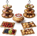 7-Piece Acacia Wood Dessert Table Display Set with 4 Wavy Trays by Unknown