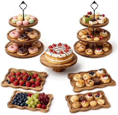 7-Piece Acacia Wood Dessert Table Display Set with 4 Wavy Trays by Unknown