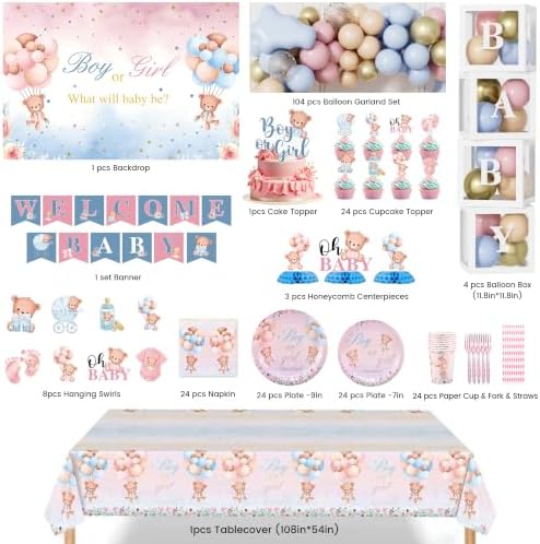 Baby Gender Reveal Decorations, 309pcs Boy or Girl Gender Reveal Decor Kit Backdrop Banner Plates Napkins, Pink and Blue Balloons Arch, Bear Baby Shower Decorations Party Supplies - Image 2