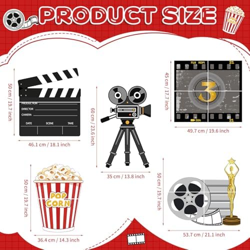 5 Pcs Large Movie Night Party Decorations, Classic Movie Cardboard Cutouts Standup, Popcorn Film Camera Clapperboard Lawn Yard Sign for Theater Theme Indoor Outdoor Birthday Photo Prop - Image 3
