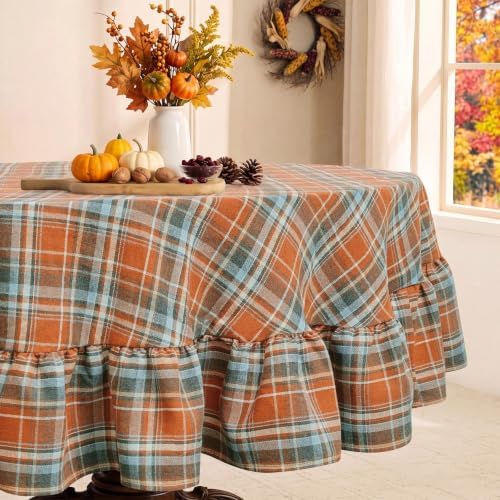 Romanstile Thanksgiving Plaid Ruffled Round Tablecloth 70 Inch Rust by Romanstile