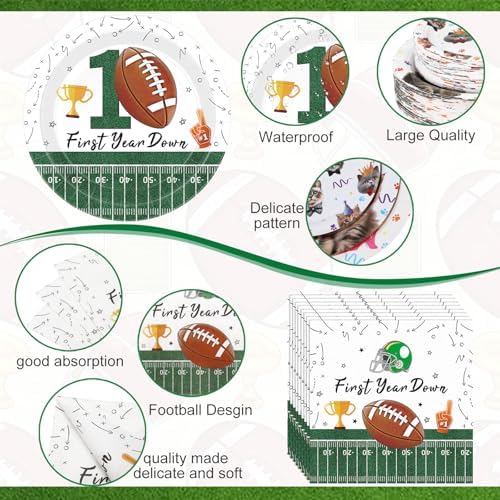 Potchen 452 Pcs Themes Party Supplies Decorations for 50 Guests, Paper Plates Napkins Cups Tablecloth Cutlery Straws for Birthday Baby Shower Party Decorations(Green Brown,1st Football Birthday) - Image 3