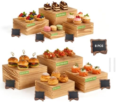 8 Pack Wooden Buffet Risers for Food Display, 8 Mini Sign by LANMOU