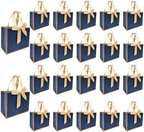 TKSBAG 50 PCS Small Navy Blue Gold Gift Bags with Bow Ribbon - 6.4x3.1x5.1 Inch Thank You Bags with Handles, Bulk for Baby Shower, Bridal Shower, Wedding, Party Favors, Fathers' Day by TKSBAG