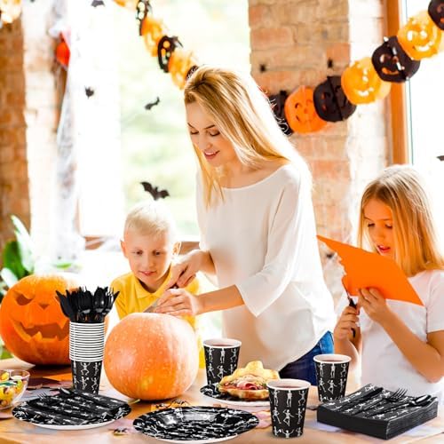 Pickmesh 400 Pcs Party Supplies Disposable Paper Plates Napkins and Cups Decorations for Men Women(Skeleton,Black) - Image 4