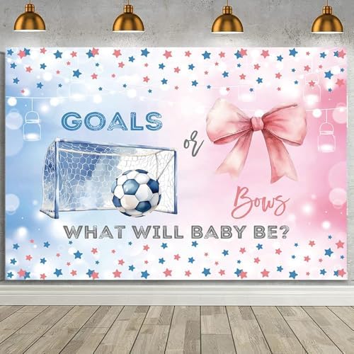 MEHOFOND 8x6ft Goals or Bows Gender Reveal Backdrop Boy or Girl What Will Baby Be Decorations Banner Pink and Blue Soccer Gender Reveal Baby Shower Photography Background Cake Table Supplies by MEHOFOND