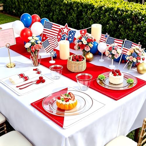 SUT 350 Pcs Red and Clear Plastic Dinnerware Set for 50 Guests, Include: 50 Dinner Plates, 50 Dessert Plates, 50 Pre Rolled Napkins With Silverware, 50 Cups, Disposable Plates for Party - Image 5