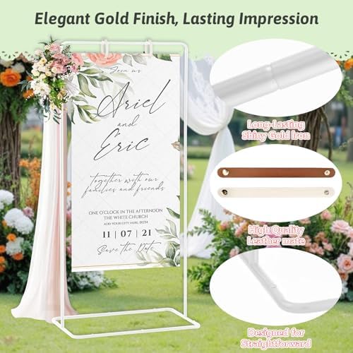 Meiqi Adjustable Wedding Welcome Sign Stand with 4 Leather Hanging Straps, Ground Stakes & Weight Bag - Large Easel for Wedding Signs, Posters, Banners - Perfect for Outdoor Events, Baby Showers (White) - Image 4