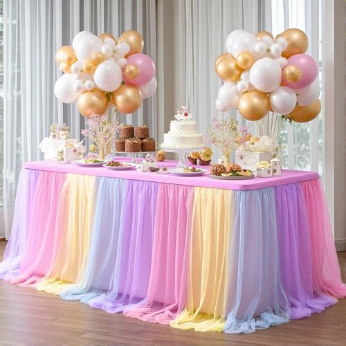 Wish Care 2 Pack Rainbow Tulle Tablecloth for 6 Foot Rectangle Tables Double Layer Tulle Tutu Skirt Unicorn Ruffle Pastel Table Cloth Stretch Fitted Table Covers for Girls Birthday Baby Shower Party - Image 6