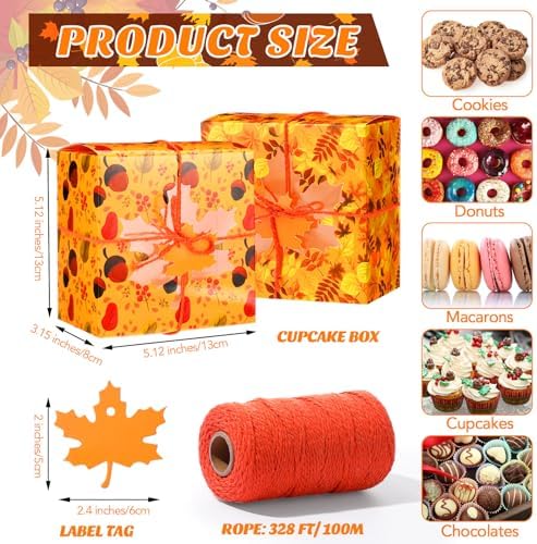 Blulu 120 Sets Thanksgiving Bakery Boxes Bulk with Window 5x5x3 Inch Fall Food Containers Gifts Boxes with Maple Tags and Rope for Fall Holiday Cookie Cupcake Goodie Candy Treat Package Party Favors - Image 2