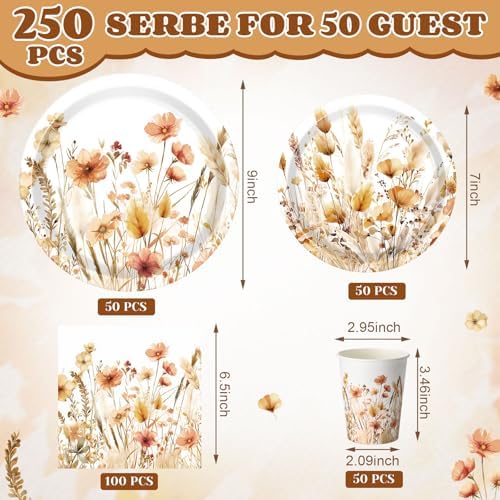 Funnymoom 250 Pcs Fall Floral Paper Plates Napkins and Cups Serves 50 - Image 2