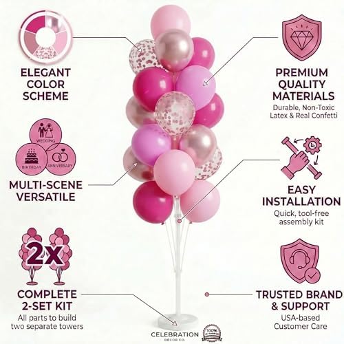 Balloon Column Kit Set of 2 With Balloons Included - Balloon Tower with Stand, Base, and Pole,Backdrop Decoration for Wedding, Baby Shower, Birthday Party (3xMetallic Light Pink) - Image 3