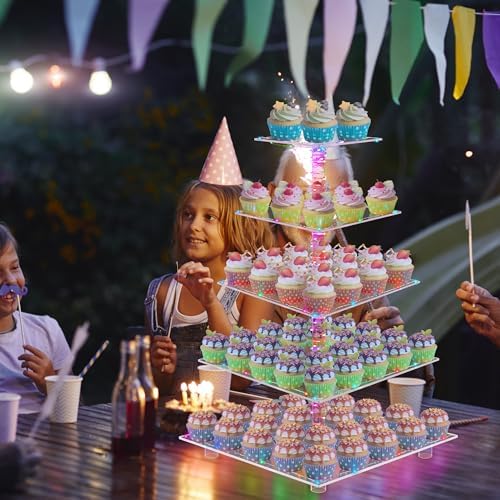 YestBuy Cupcake Stand – 5 Tier Premium Cupcake Holder – Acrylic Cupcake Tower Display – Cady Bar Party Décor – Acrylic Display for Pastry + LED Light String – Ideal for Weddings, Birthday (Colorful) - Image 2