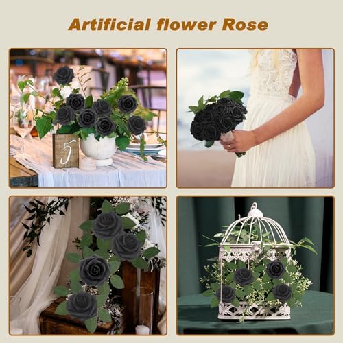 100Pcs Black Artificial Flowers Realistic Roses, Real Looking Fake Roses with Stem for DIY Wedding Bouquets Centerpieces Bridal Shower Party Home Romantic Decorations (Black, 100pcs) - Image 3