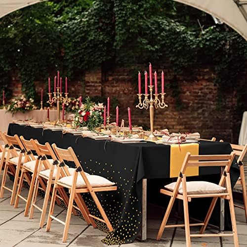24Pack Disposable Plastic Tablecloths and Satin Table Runner Set Black Gold Dot Table Cloth Gold Satin Table Runner for Graduation Wedding Birthday Baby Shower Anniversary Holiday Party Decorations - Image 6