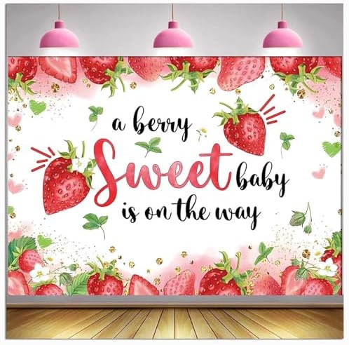 10x8 ft Strawberry Baby Shower Photo Banner Strawberry Girl Baby Shower Newborn Party Decorations Photography Backdrop A Berry Sweet Baby is On The Way Background Cake Table Supplies by HQM