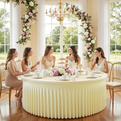 8 Pack Ivory Round Spandex Tablecloths, 5FT/60In Stretchy Table Cloth with Skirt, Washable Fitted Tablecloth, Circle Wrinkle Free Table Cover for Wedding Party Dining Banquet Event - Image 3