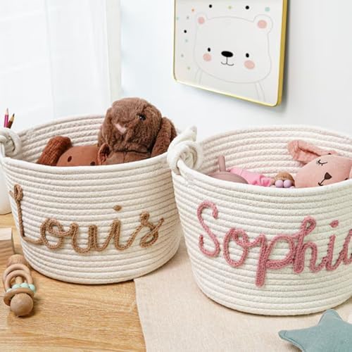 Personalized Cute Small Woven Basket with Handles, Custom Cotton Rope Room Shelf Storage Basket, Empty Decorative Gift Basket, Decorative Round Bin for Nursery Bedroom Bathroom (Style E) - Image 5