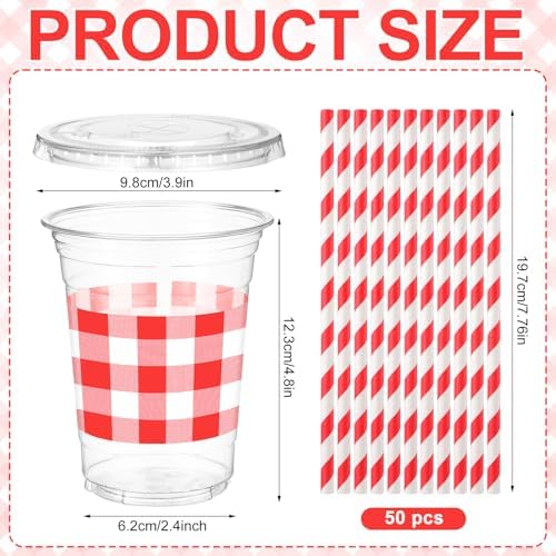 Sliner 50 Sets 16oz Red White Gingham Party Plastic Cups - Image 3