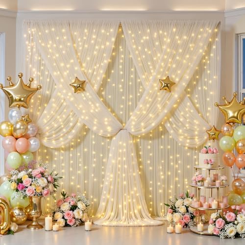 20ft x 15ft Champagne Tulle Backdrop Curtain with Lights String for Parties Wedding Bridal Shower Sheer Champagne Curtain Backdrop for Birthday Party Baby Shower Photo Booth Decorations - Image 3