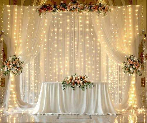 Champagne Tulle Photo Backdrop Curtain with Lights String for Parties Wedding Bridal Shower Sheer Champagne Curtain Backdrop for Birthday Party Baby Shower Photo Booth Photography 20ft x 10ft by Suppromo