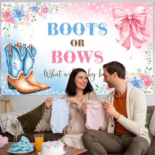 Mocsicka Boot or Bows Banner Cowboy Boots Pink Bows Gender Reveal Banner for Western Baby Shower Party Decorations (10x7ft) - Image 7