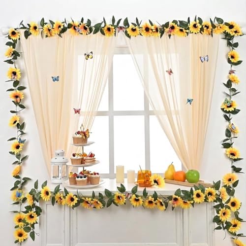 8 Pack Artificial Sunflower Garland Decor, Sunflower Vines Hanging Flowers Garland with Green Leaves, Fake Yellow Floral Vines Room Wedding Party Decoration - Image 3