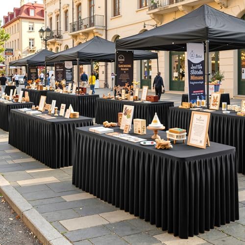 Black Polyester Table Cloths for Rectangle 8 Foot Tables, 6 Pack Wrinkle Free Tablecloths Stretchy Banquet Ruffle Fitted Table Cover Desk Skirt for Parties Wedding Birthday Baby Shower - Image 2