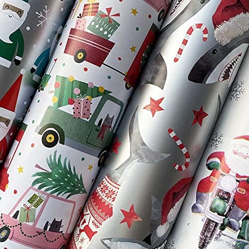 Jillson Roberts Kids Christmas Wrapping Paper Roll Bundle (25 sq ft per roll, 100 Total Sq Ft) Out for Delivery, Bright Santa, Christmas Cats in Cars, Christmas Shark, 4 Pack - Image 2