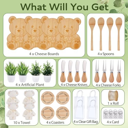 38Pcs Baby Shower Prizes for Game Winners Bamboo Cheese Board Fork Butter Spreaders Coasters Towel Artificial Potted Plant Gift Bag for Baby Shower Bridal Shower Favors (4 Sets, Bamboo Bear Shaped) - Image 4