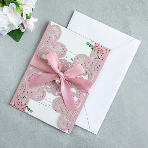 20Pcs Dusty Rose Laser Cut Wedding Invitation Cards With Envelopes - Image 5