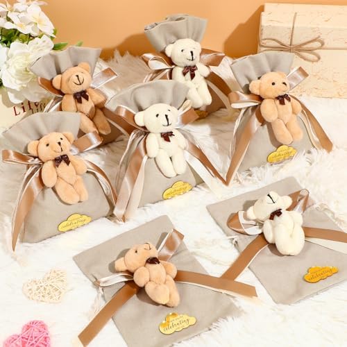 Shinylin 24 Pcs Bear Gift Bag Bulk for Baby Shower Guest Favor 5.3 x 7.1 Inches Candy Cute Plush Bear Drawstring Bag with Bow Thank You Acrylic Sign for Baby Boy Girl Party Decorations(Brown) - Image 4
