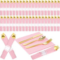 Lasnten 50 Guest Sets Pre Rolled Gold Plastic Silverware with Pink Napkins by Lasnten