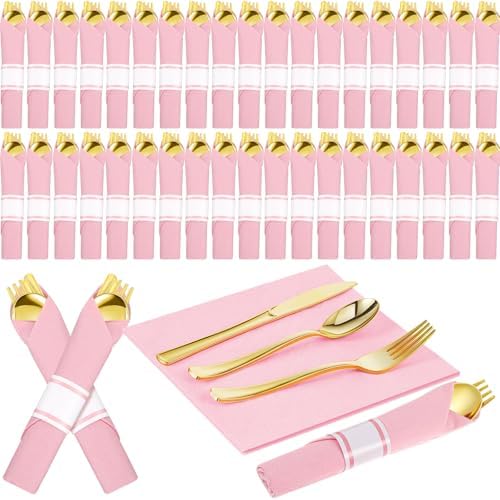 Lasnten 50 Guest Sets Pre Rolled Gold Plastic Silverware with Pink Napkins by Lasnten