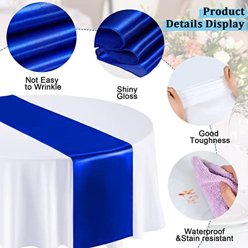 Queekay 24 Pcs 84'' Round Plastic Tablecloth 12 x 108'' Satin Table Runners Set White Plastic Table Covers Round Waterproof Cloths for Wedding Party Decor Baby Shower Birthday(Royal Blue) - Image 3