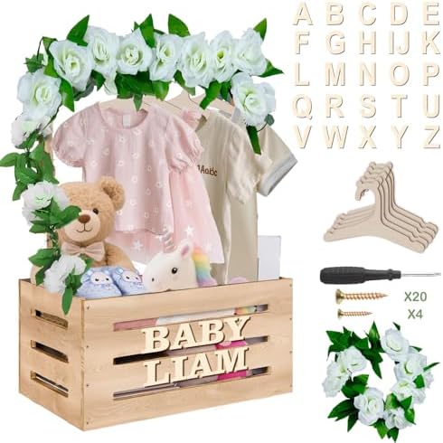 Wooden Baby Shower Crate Closet, Customizable Baby Basket with Hanger Rack and Garland, Gifts for New Parents, Baby Shower Decorations Boy Or Girl by Unknown