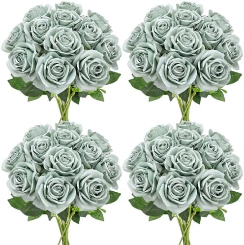 48 PCS Dusty Green Roses Artificial Flowers, Silk by DIYDOFUN