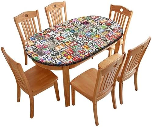 Collage of Colorful Letters and Numbers Print Oval Tablecloths Greaseproof Waterproof Elastic for Birthday New Year Bachelor Party Graduation Fits for 48" x 68" Oval Table by ZNCTFMR