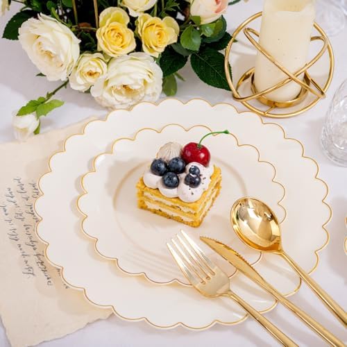 LIYH 210Pcs Ivory Scalloped Plastic Plates, Gold Rim Dinnerware Set Party - Image 5