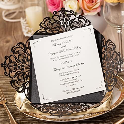 Hosmsua 50PCS Personalized Black Wedding invitation with Envelopes, 6.3x6.3 Laser Cut Hollow Lace Rose Invitation for Wedding Engagement Birthday Invite (Customized Printed) - Image 4