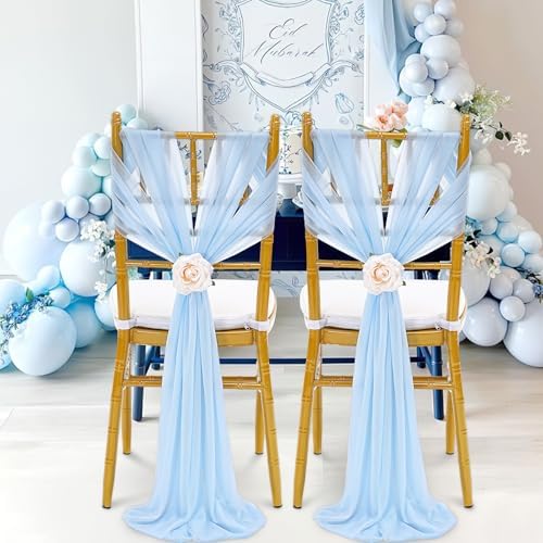 Aisle Chair Sashes Decorations Bulk: 32 Pieces Light Blue Sheer Draping Fabric - 8ft Long Chair Ribbons for Unicorn Party Dinner - Image 3