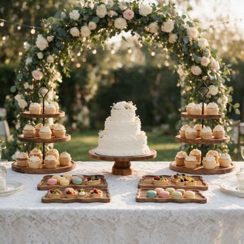 7-Piece Acacia Wood Dessert Table Display Set with 4 Wavy Trays - Image 7