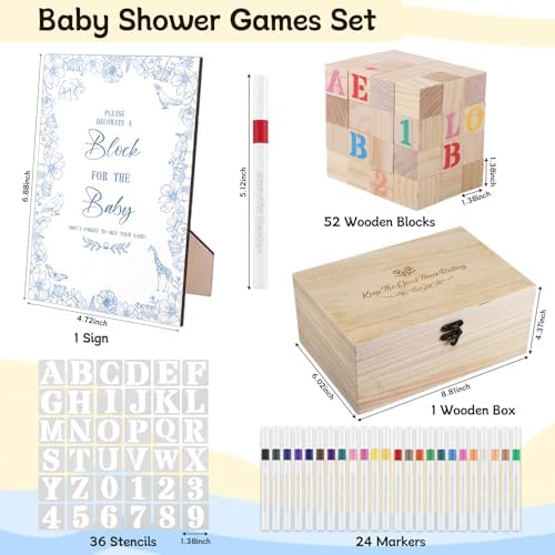 114Pcs Baby Shower Blocks Game Kit, 52 Wooden Blocks, 24 Paint Markers - Image 2