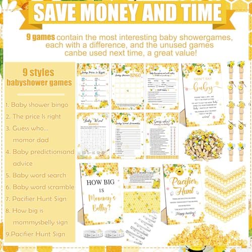 Sherr 476 Pcs Bee Baby Shower Games Yellow, Pacifier Hunt Belly Measuring - Image 4