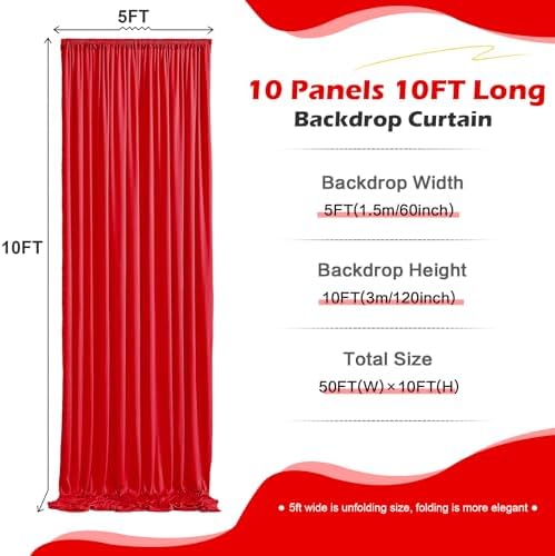 50ft×10ft Wrinkle Free Red Backdrop Curtains for Parties, 10 Panels 5×10ft Thick Silky Polyester Red Photo Backdrop Drapes Curtain for Themed Party Birthday Baby Shower Baptism Wedding Photography - Image 2