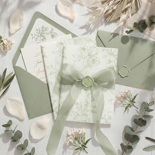 UNIQOOO 50 Sets Wedding Invitation Kit, Sage Green Floral Vellum Jackets for 5x7 Invitations w/Satin Silk Ribbon & Eucalyptus Wax Seal Stickers, Wedding Invitation Accessories - Image 4